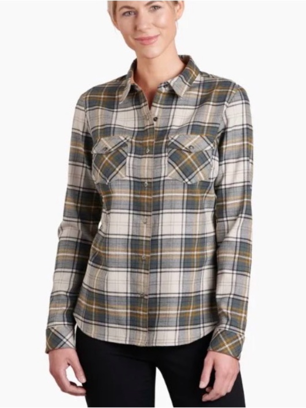KUHL Tess Plaid Flannel Shirt Women's Sz L Corduroy Trim Hiking